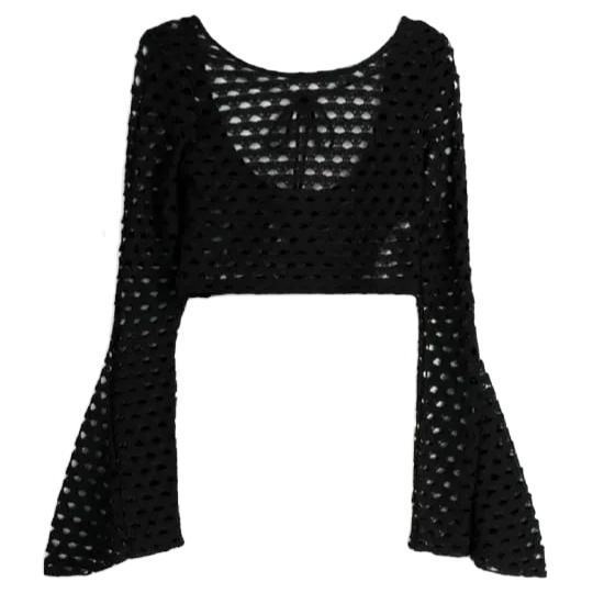 Customized Black Crochet Bell-Sleeve Crop Top - Women's Boho Chic Blouse