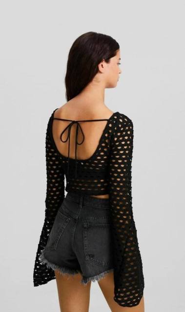 Customized Black Crochet Bell-Sleeve Crop Top - Women's Boho Chic Blouse