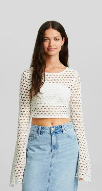 Customized Black Crochet Bell-Sleeve Crop Top - Women's Boho Chic Blouse