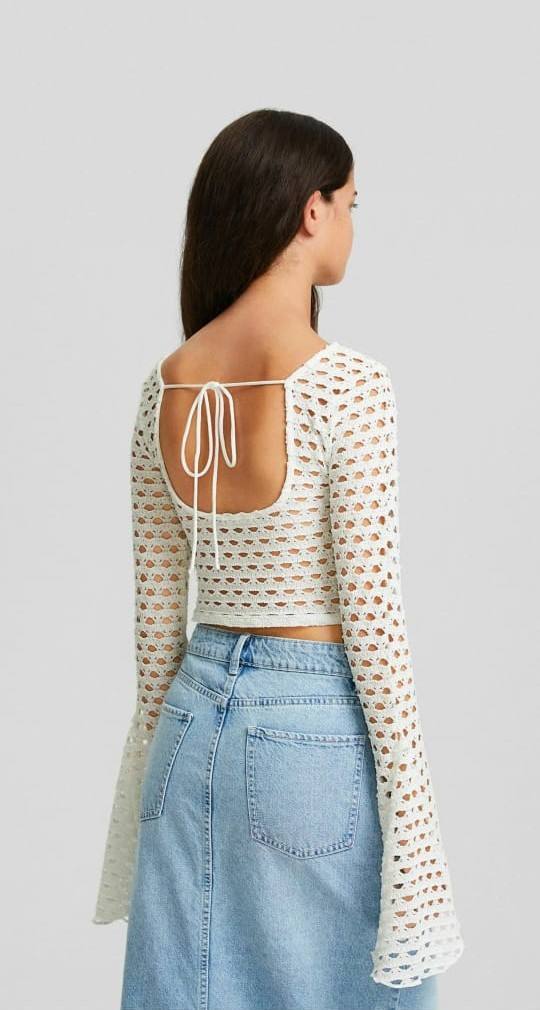 Customized Black Crochet Bell-Sleeve Crop Top - Women's Boho Chic Blouse