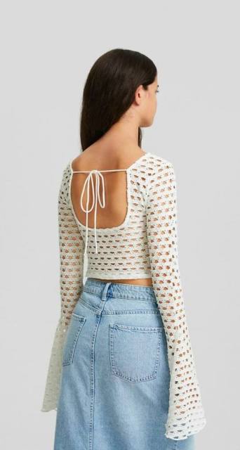 Customized Black Crochet Bell-Sleeve Crop Top - Women's Boho Chic Blouse