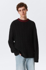 Made-to-order Black Cable-Knit Sweater with Red Striped Collar