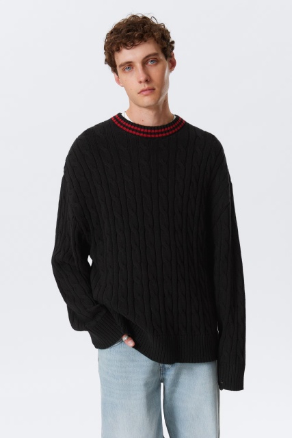 Made-to-order Black Cable-Knit Sweater with Red Striped Collar