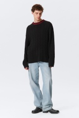 Made-to-order Black Cable-Knit Sweater with Red Striped Collar
