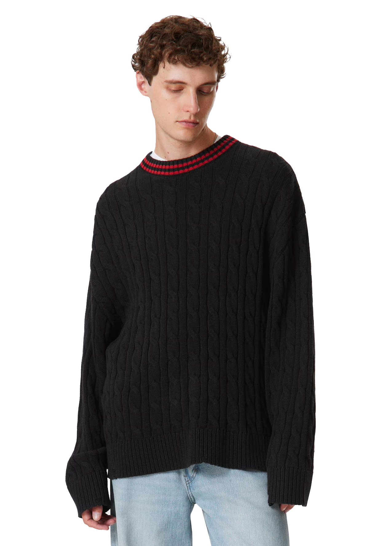 Made-to-order Black Cable-Knit Sweater with Red Striped Collar