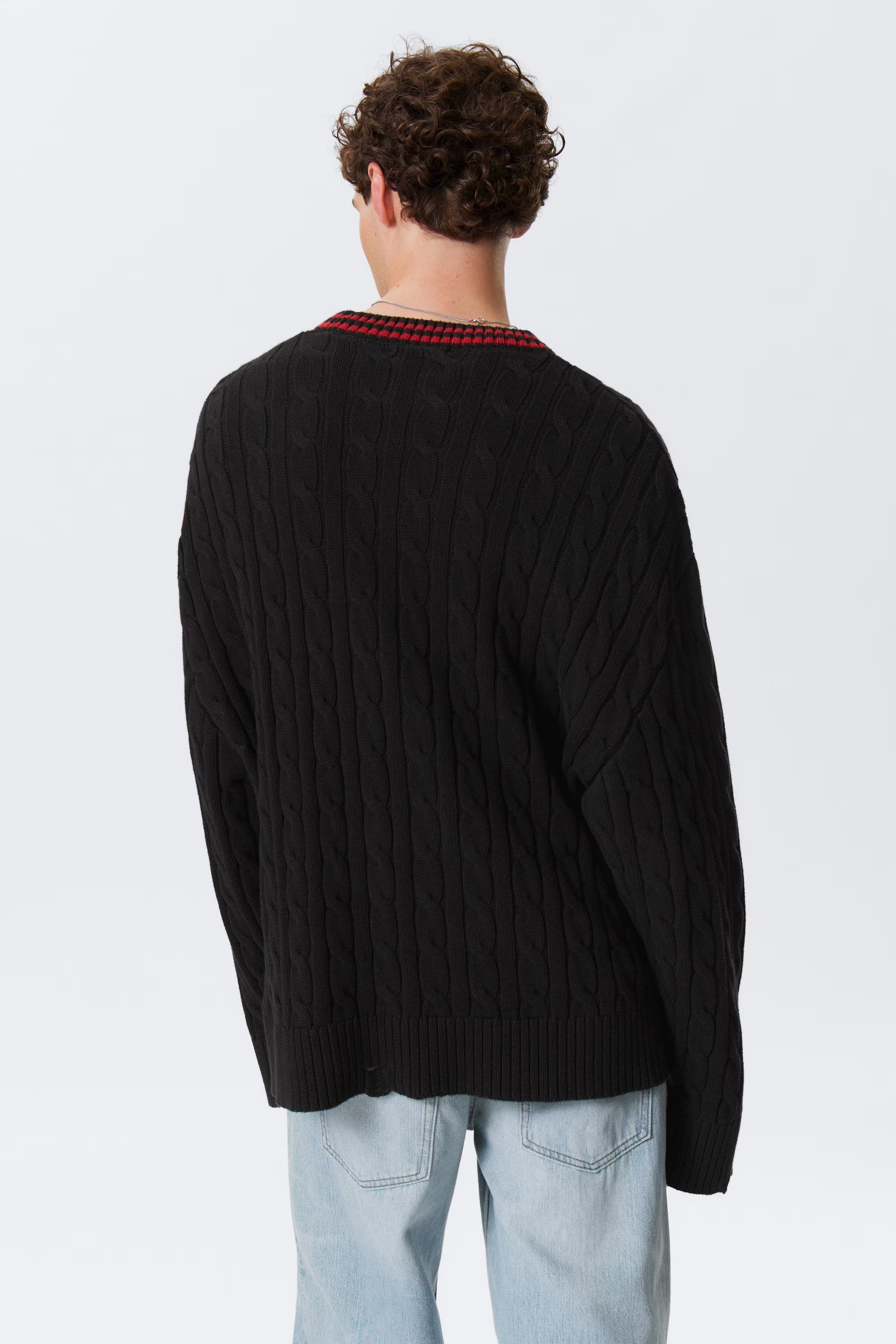 Made-to-order Black Cable-Knit Sweater with Red Striped Collar