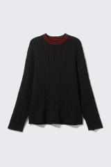 Made-to-order Black Cable-Knit Sweater with Red Striped Collar