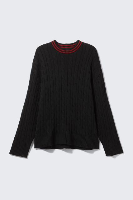 Made-to-order Black Cable-Knit Sweater with Red Striped Collar
