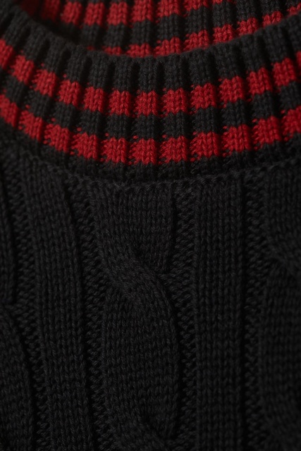 Made-to-order Black Cable-Knit Sweater with Red Striped Collar