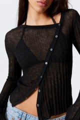 Custom Design Black Sheer Button-Up Knit Top