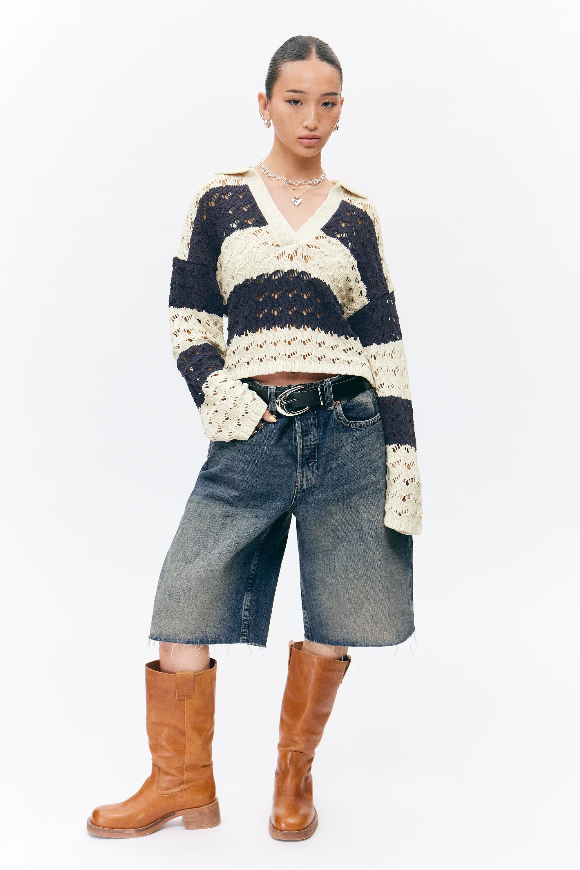 Wholesale Striped Crochet Knit V-Neck Sweater