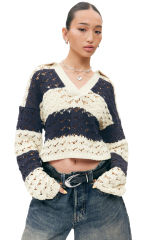 Wholesale Striped Crochet Knit V-Neck Sweater
