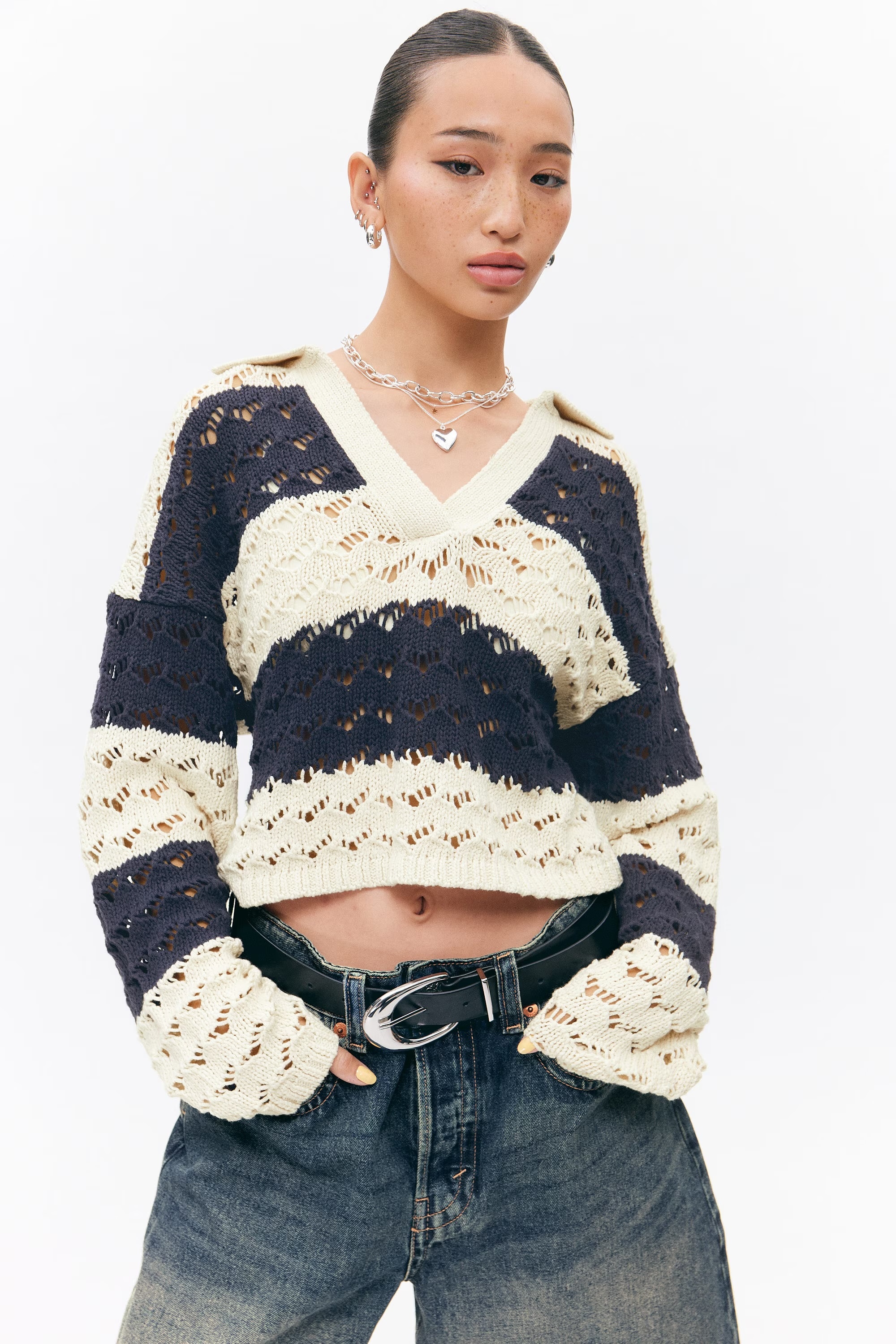 Wholesale Striped Crochet Knit V-Neck Sweater