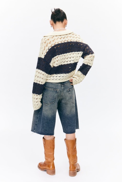 Wholesale Striped Crochet Knit V-Neck Sweater