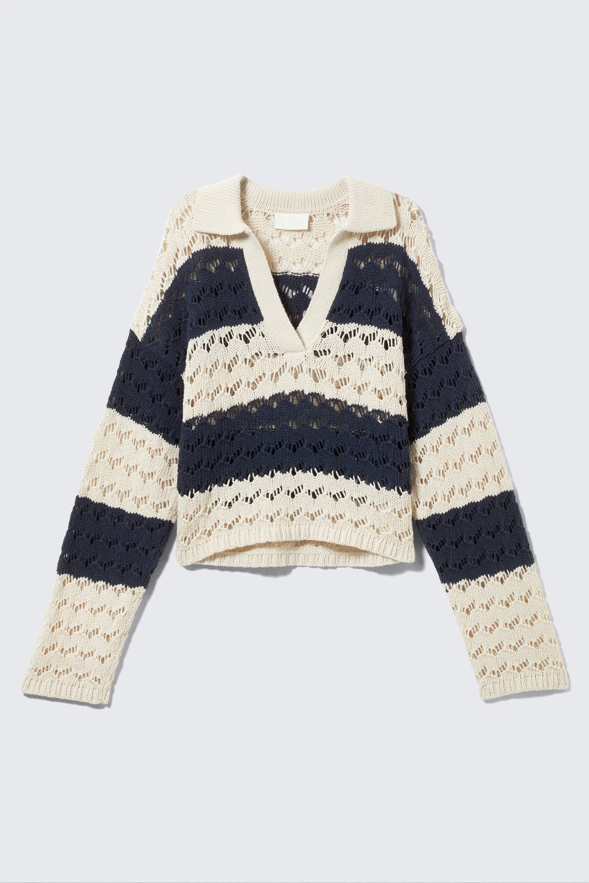Wholesale Striped Crochet Knit V-Neck Sweater