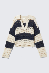 Wholesale Striped Crochet Knit V-Neck Sweater