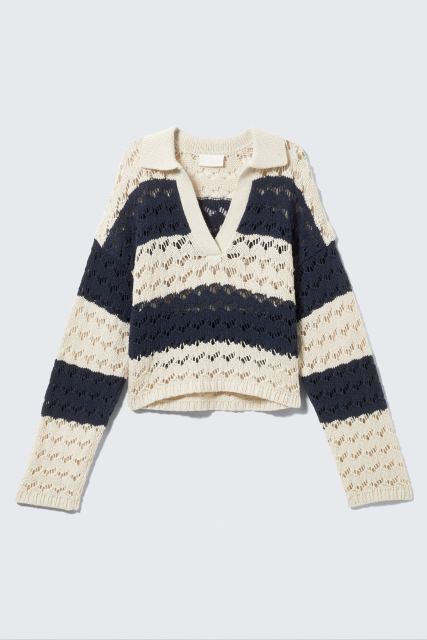 Wholesale Striped Crochet Knit V-Neck Sweater