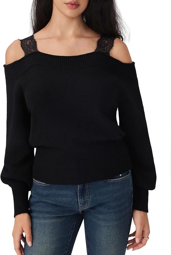 Custom Design Women’s Black Off-Shoulder Sweater with Lace Straps
