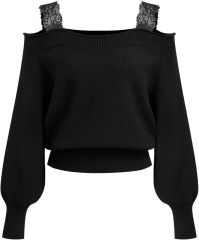 Custom Design Women’s Black Off-Shoulder Sweater with Lace Straps