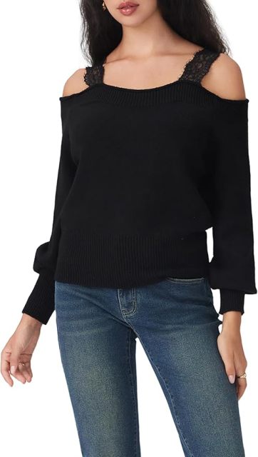 Custom Design Women’s Black Off-Shoulder Sweater with Lace Straps