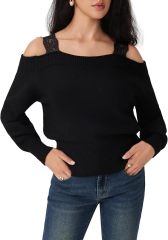 Custom Design Women’s Black Off-Shoulder Sweater with Lace Straps