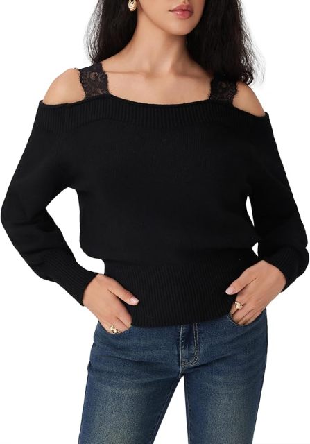 Custom Design Women’s Black Off-Shoulder Sweater with Lace Straps