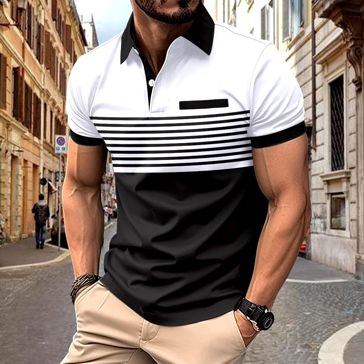 Personalized Men’s Striped Color Block Polo Shirt