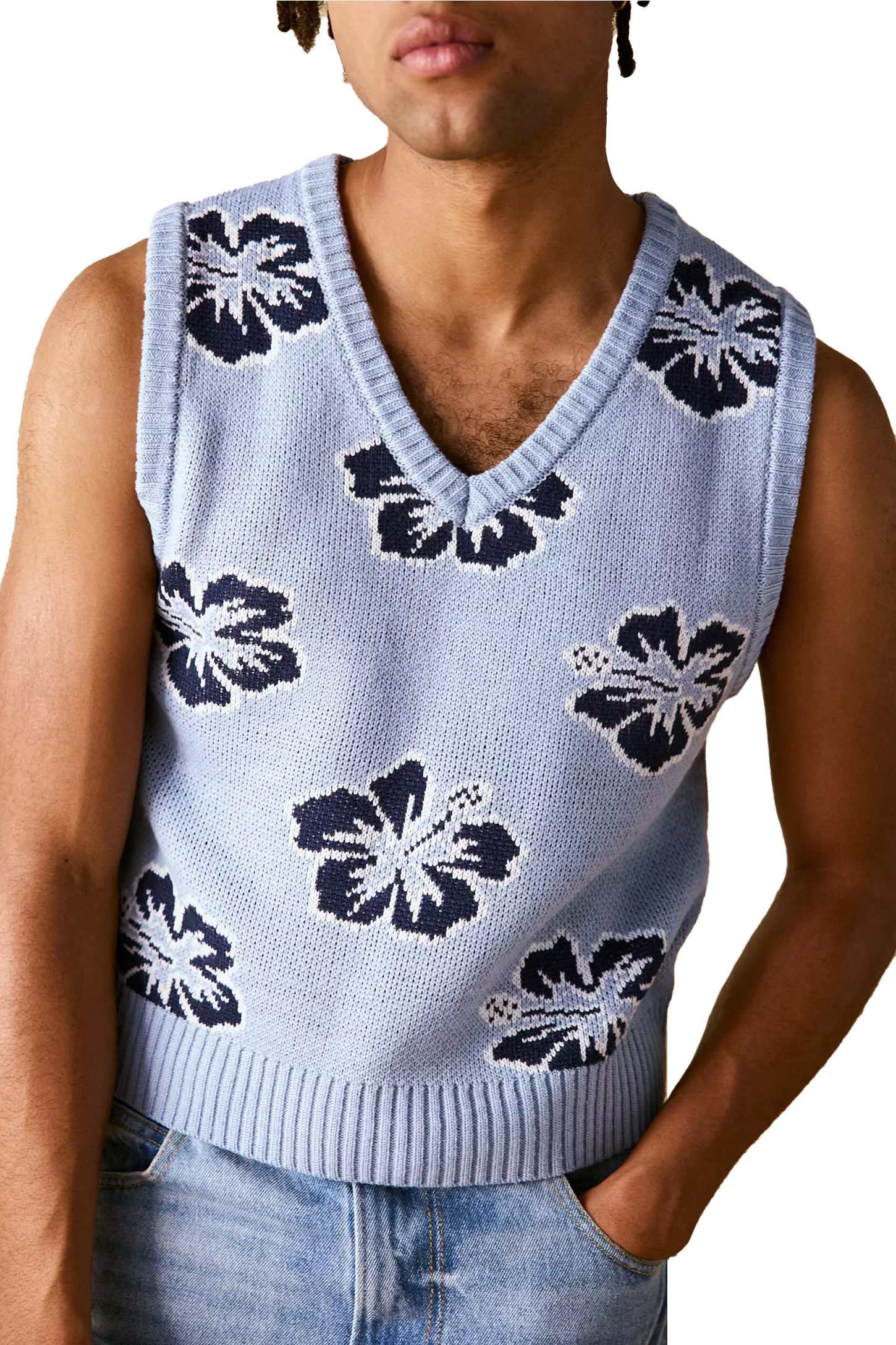 Personalized Hibiscus Knit V-Neck Vest - Sky Blue