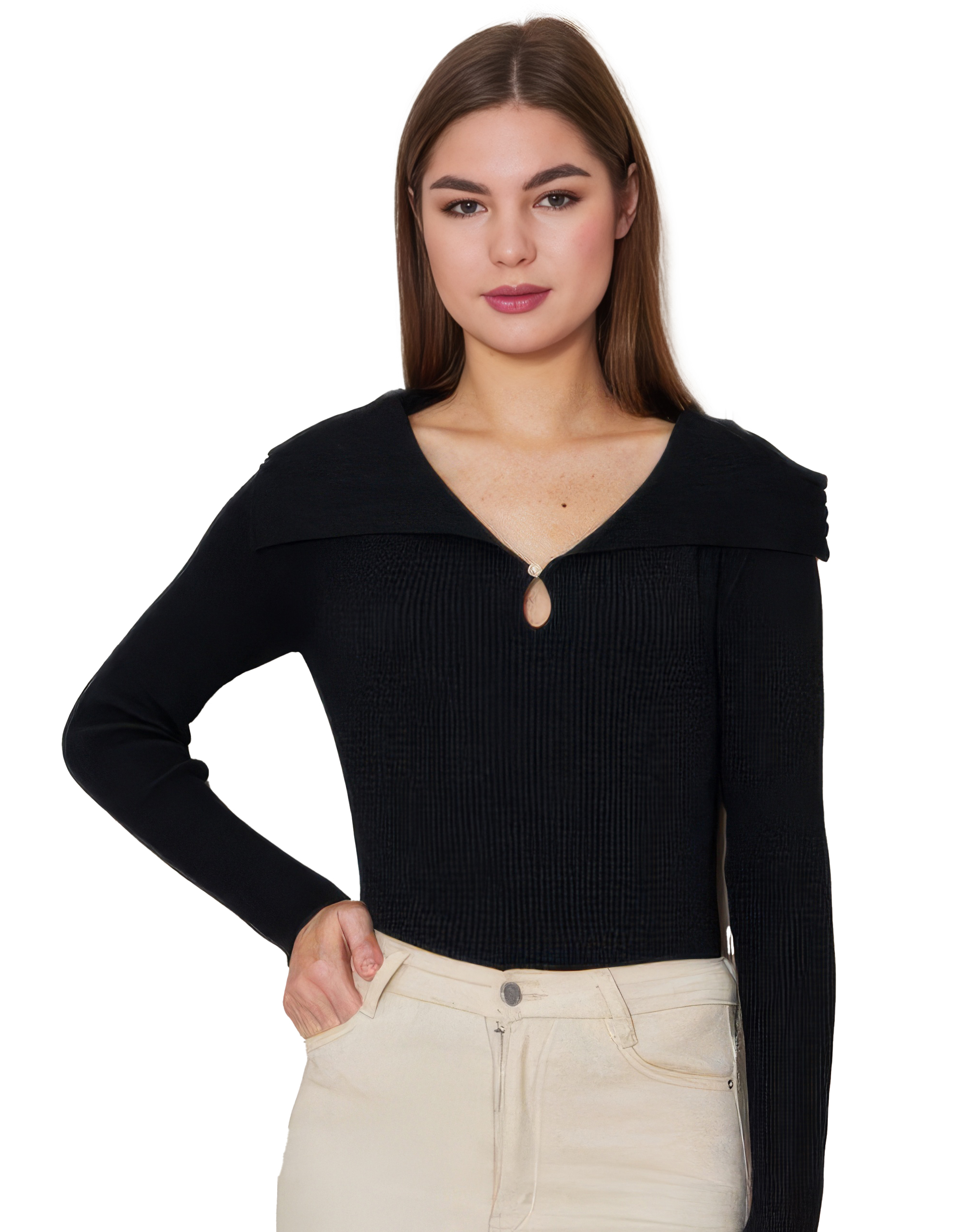 OEM ODM Women’s Black Long Sleeve Knit Top with V-Neck Detail