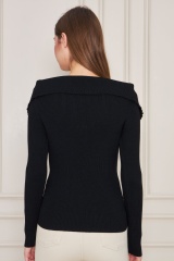OEM ODM Women’s Black Long Sleeve Knit Top with V-Neck Detail