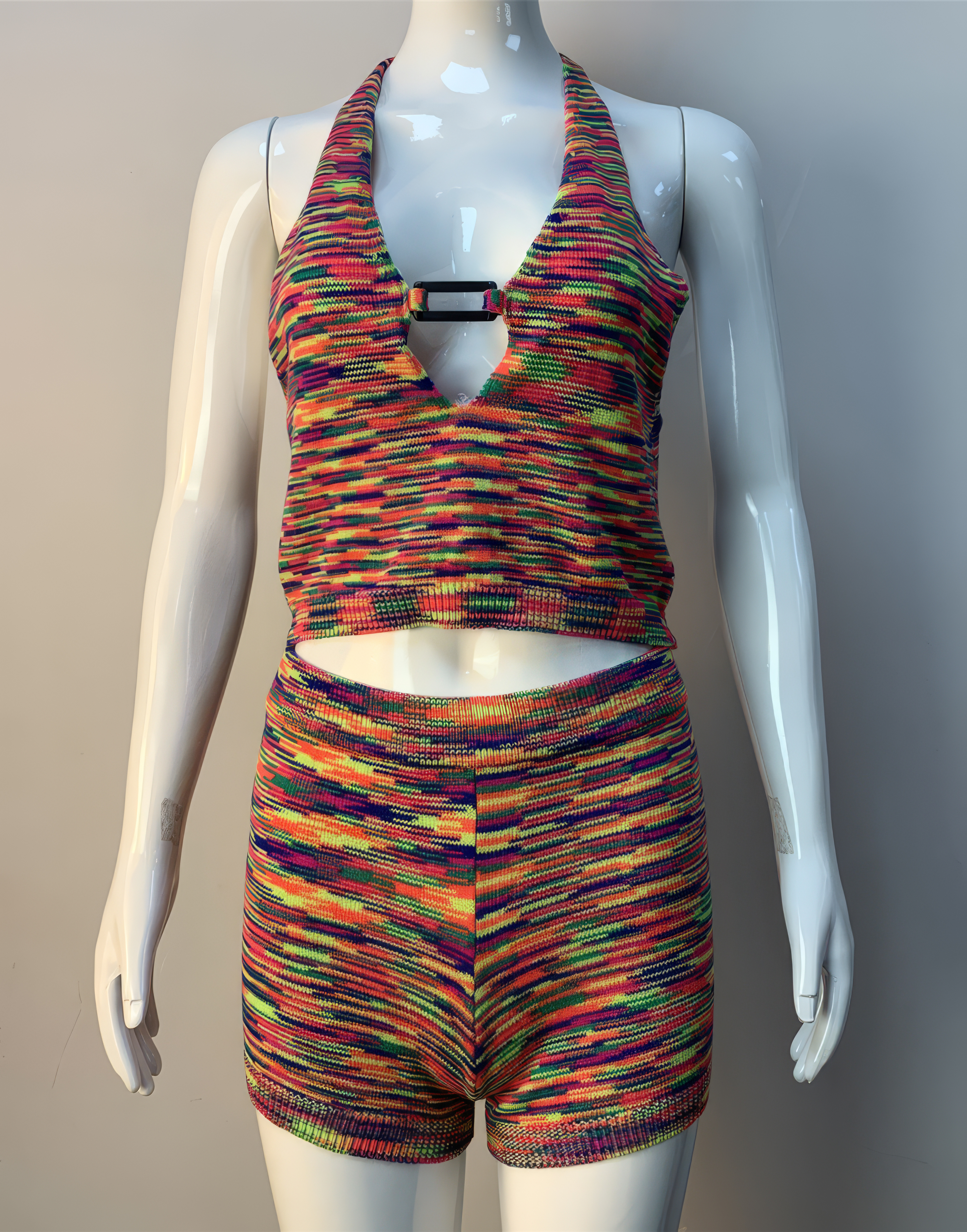 Customized Women’s Multicolor Knit Halter Crop Top and Shorts Set