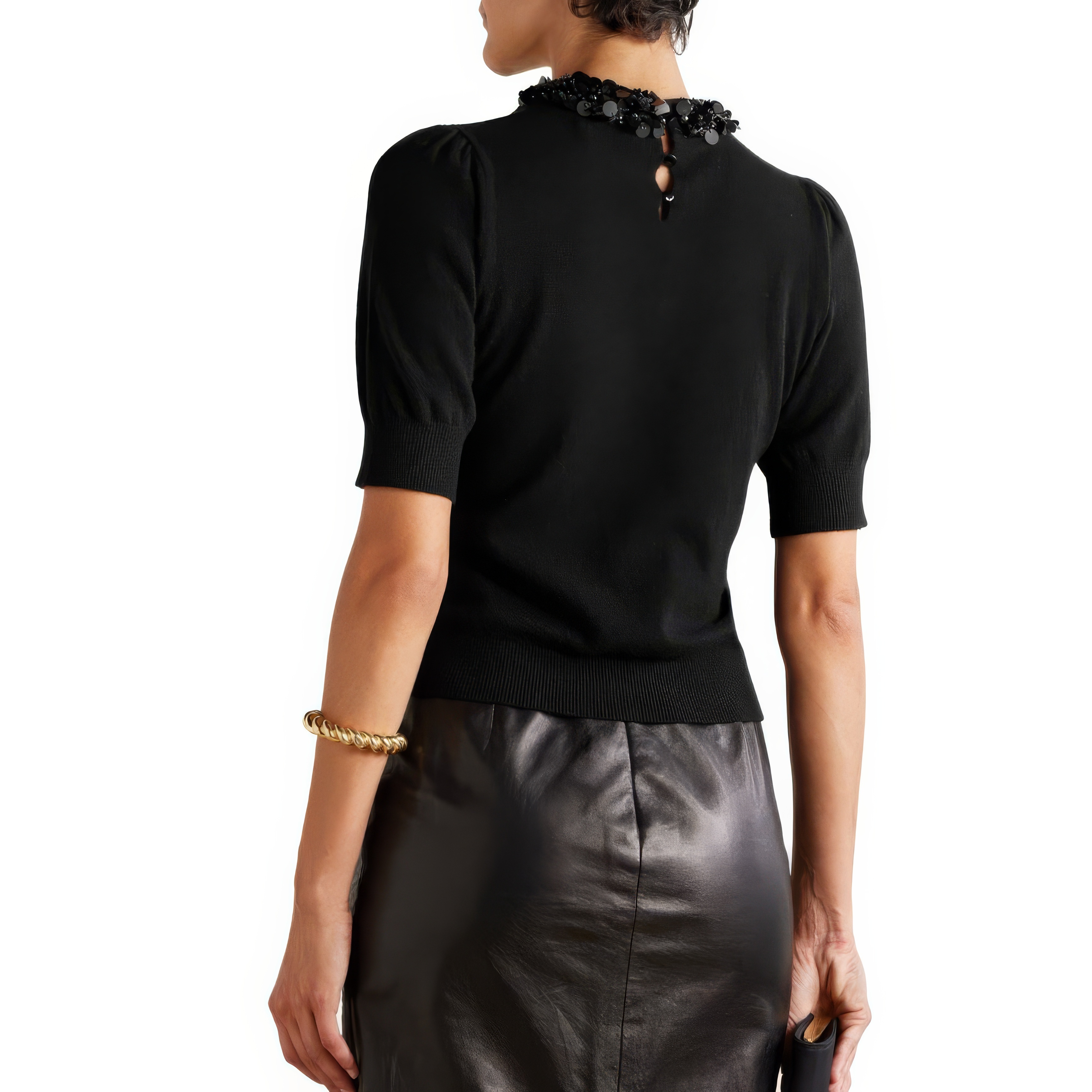 Personalized Women’s Black Embellished Collar Knit Top with Short Sleeves