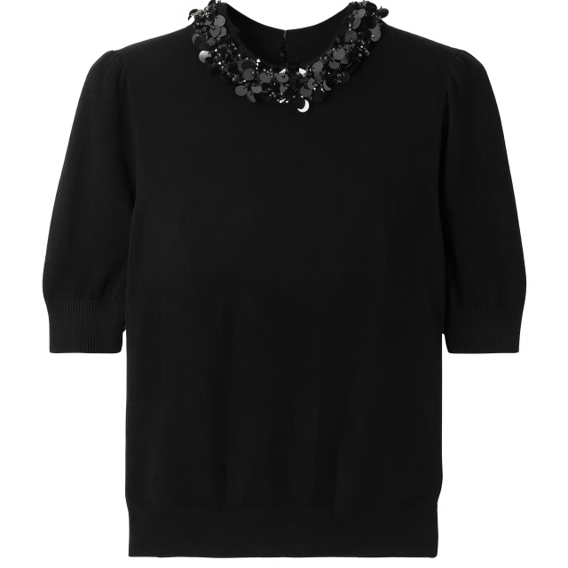 Personalized Women’s Black Embellished Collar Knit Top with Short Sleeves