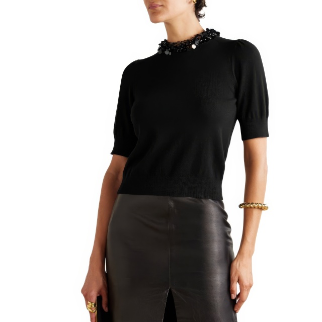 Personalized Women’s Black Embellished Collar Knit Top with Short Sleeves