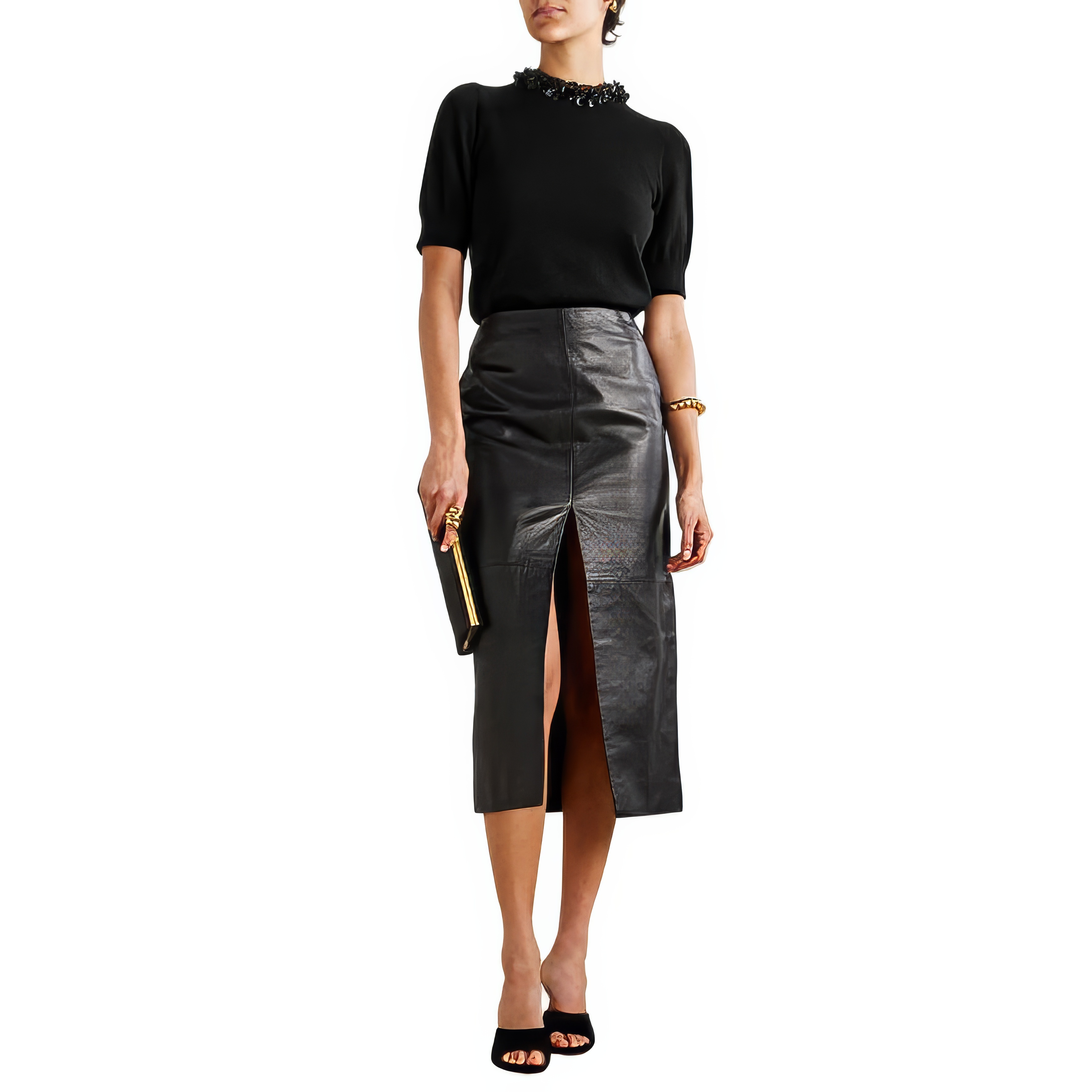 Personalized Women’s Black Embellished Collar Knit Top with Short Sleeves