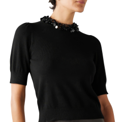 Personalized Women’s Black Embellished Collar Knit Top with Short Sleeves