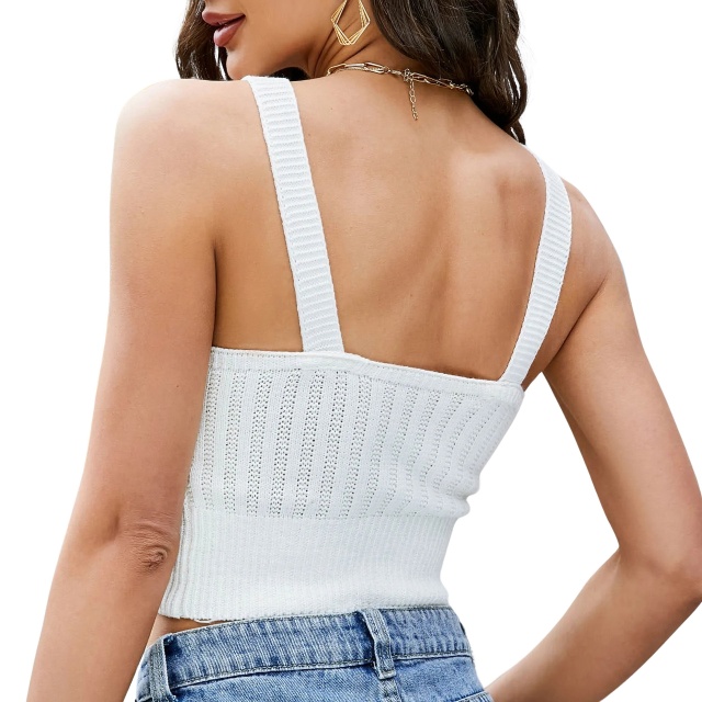 Factory Direct Women’s White Knitted V-Neck Crop Tank Top