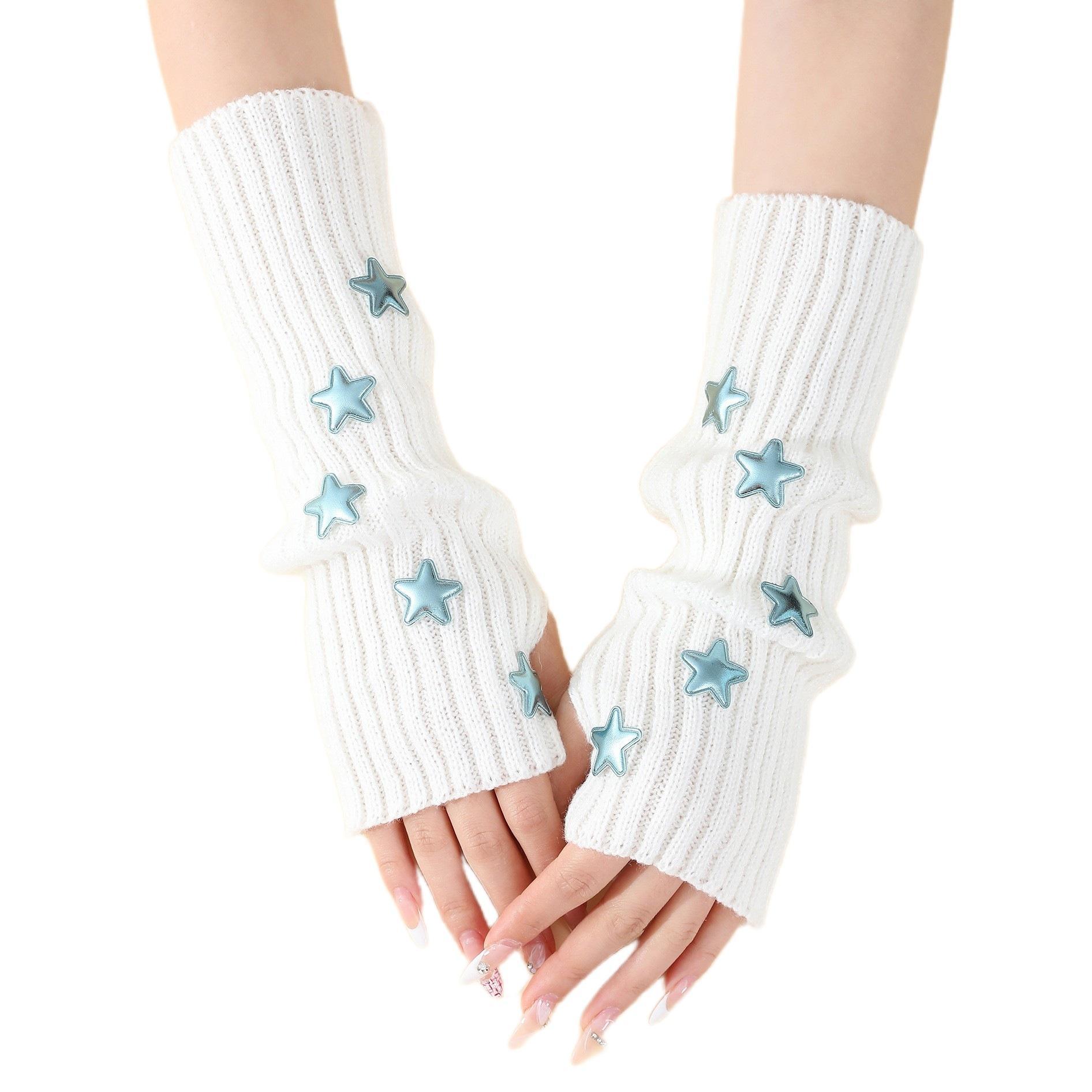 Wholesale Star Embellished White Fingerless Gloves