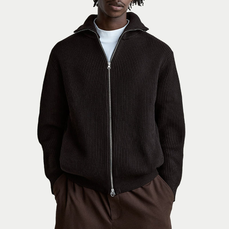 OEM ODM Ribbed Zip-Up Sweater with Stand Collar