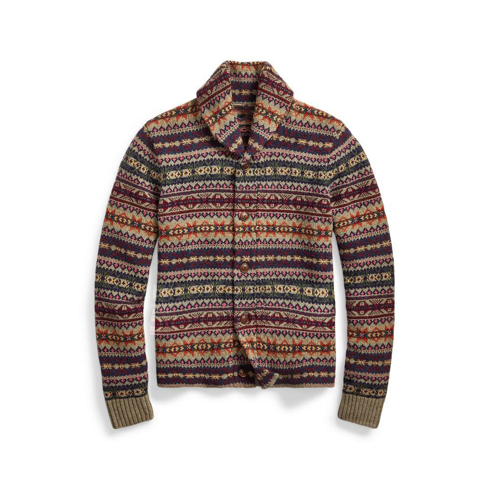 Custom Design Geometric Pattern Button-Up Cardigan with Shawl Collar