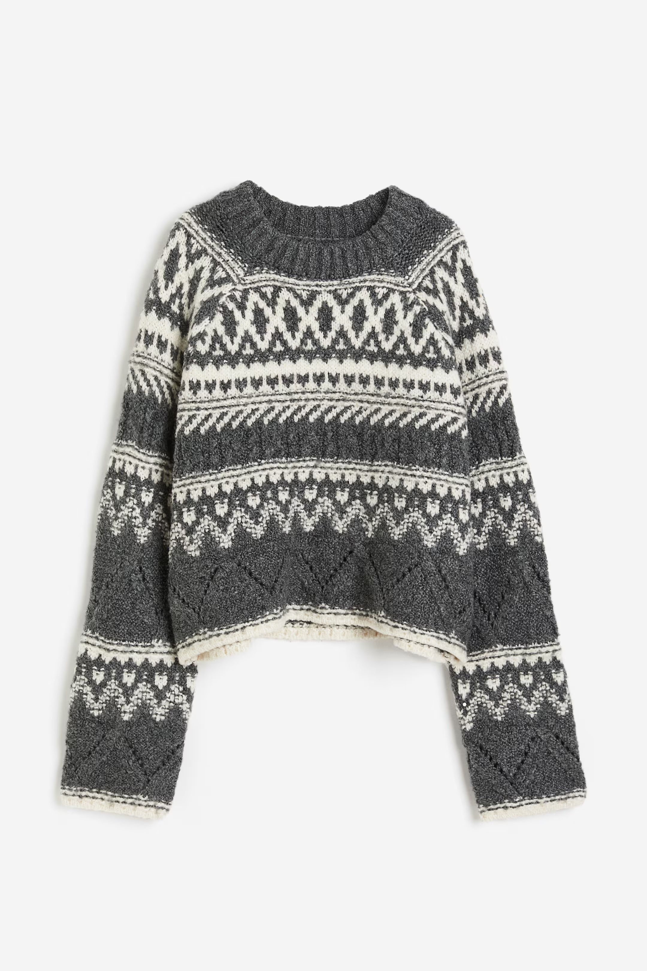 Customized Nordic Pattern Textured Knit Sweater – Charcoal & Ivory