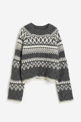 Customized Nordic Pattern Textured Knit Sweater – Charcoal & Ivory