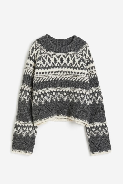 Customized Nordic Pattern Textured Knit Sweater – Charcoal & Ivory
