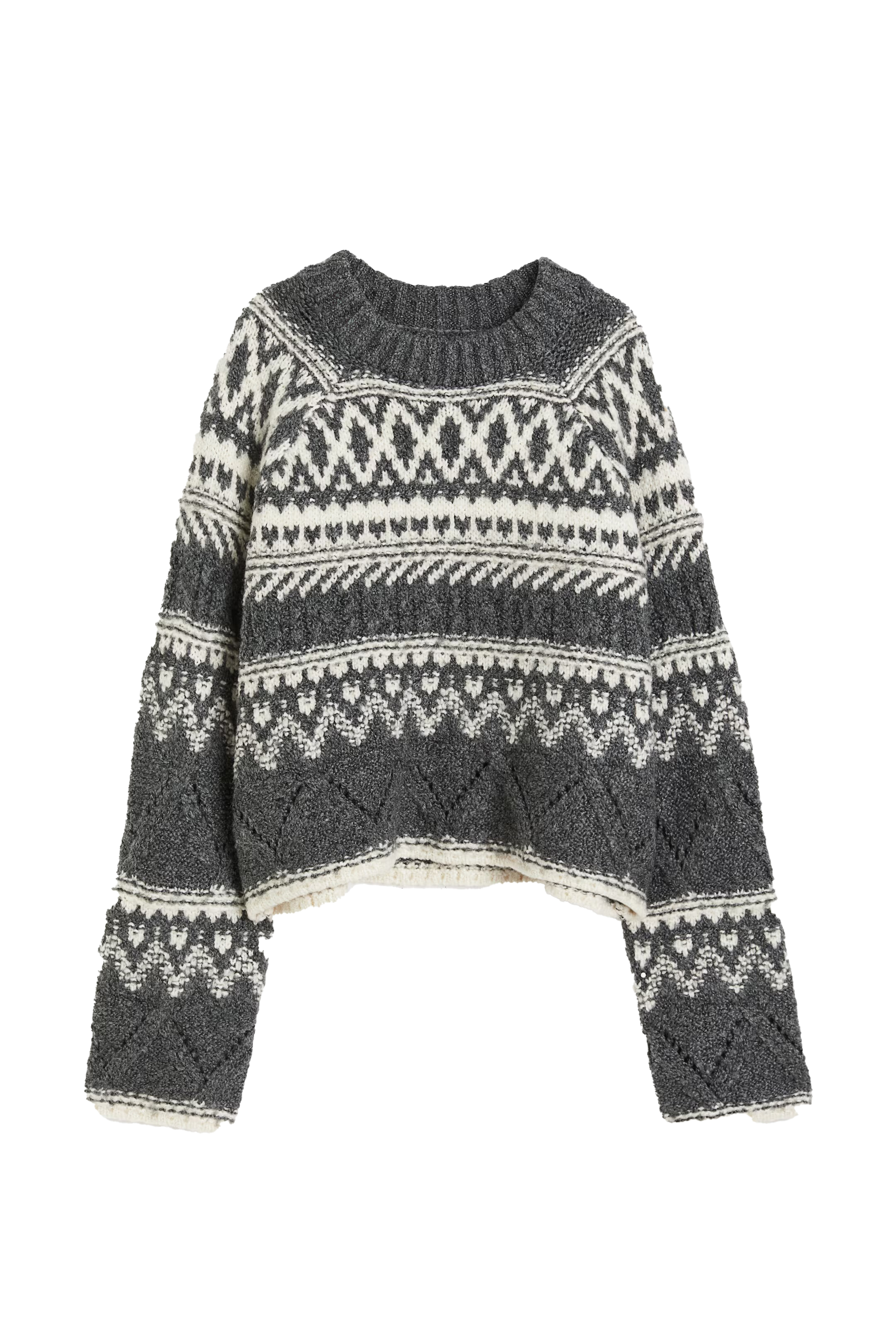 Customized Nordic Pattern Textured Knit Sweater – Charcoal & Ivory