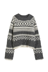Customized Nordic Pattern Textured Knit Sweater – Charcoal & Ivory