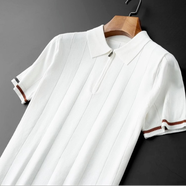 Customized Men’s Navy Blue Zip Polo Shirt with Striped Sleeve Detail