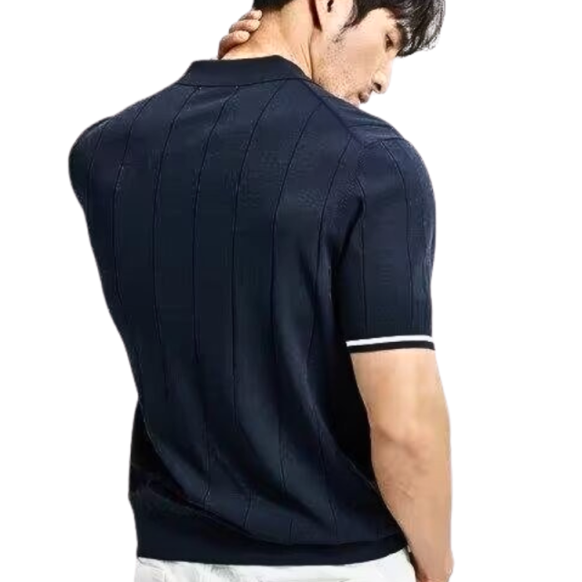 Customized Men’s Navy Blue Zip Polo Shirt with Striped Sleeve Detail