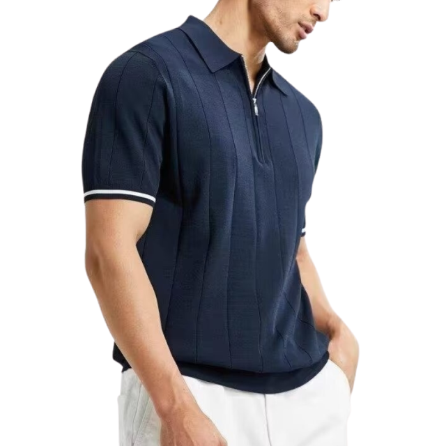 Customized Men’s Navy Blue Zip Polo Shirt with Striped Sleeve Detail