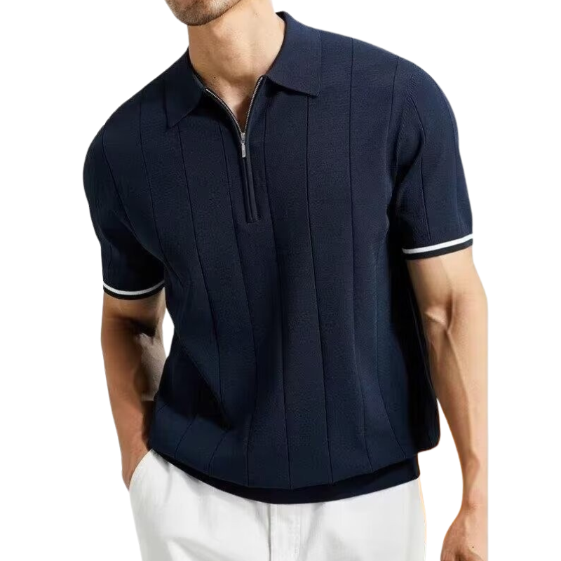 Customized Men’s Navy Blue Zip Polo Shirt with Striped Sleeve Detail