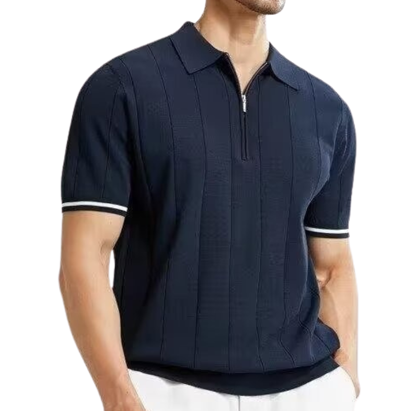 Customized Men’s Navy Blue Zip Polo Shirt with Striped Sleeve Detail